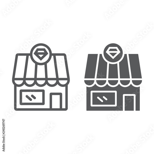 Jewelry shop line and glyph icon, building and accessory, diamond store sign, vector graphics, a linear pattern on a white background.