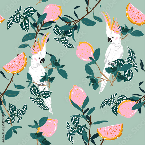 Sweet pastel forest print. Parrot bird in the jungle with lemon in the summer exotic wild life allover design, seamless pattern vector for fashion ,