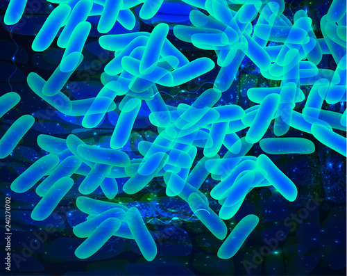 Background blue lactobacillus, bifidobacteria, probiotic, prebiotic. Infographics. Vector illustration on isolated background.