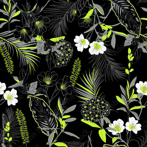 Trendy dark forest with neon green blooming garden outline and hand painting flowers many kind of floral in seamless pattern
