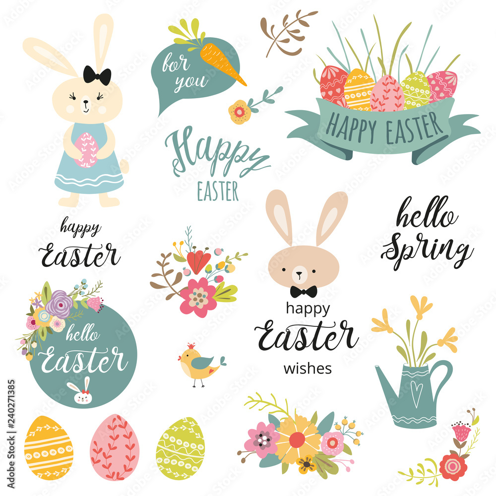 Set of cute Easter cartoon rabbits flowers eggs typography spring quote design elements Set of cute Easter cartoon rabbits flowers eggs typography spring quote design elements