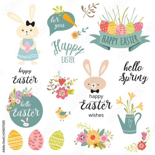 Fototapeta Naklejka Na Ścianę i Meble -  Set of cute Easter cartoon rabbits flowers eggs typography spring quote design elements