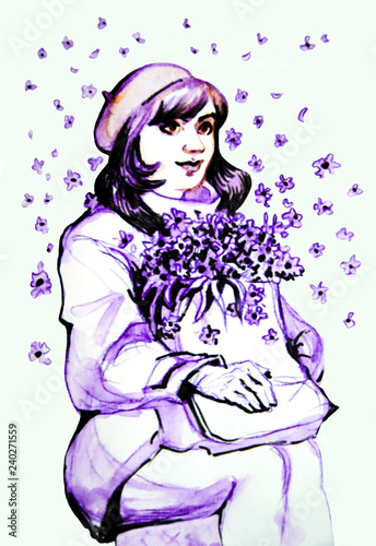 Graphic drawing - a girl sits and holds a package with flowers on her lap
