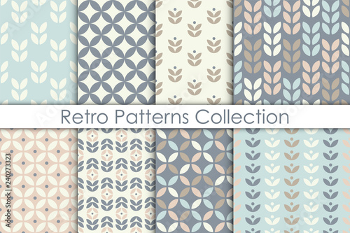 Set of Scandinavian style floral seamless pattern. Retro geometric textures collection. Vector wallpaper.