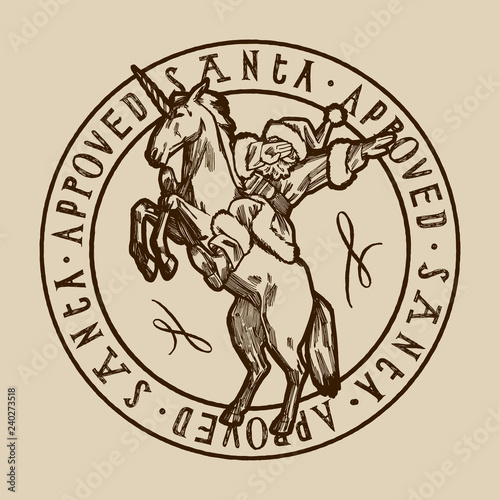 Santa riding unicorn and dabbing - santa approved vintage stamp