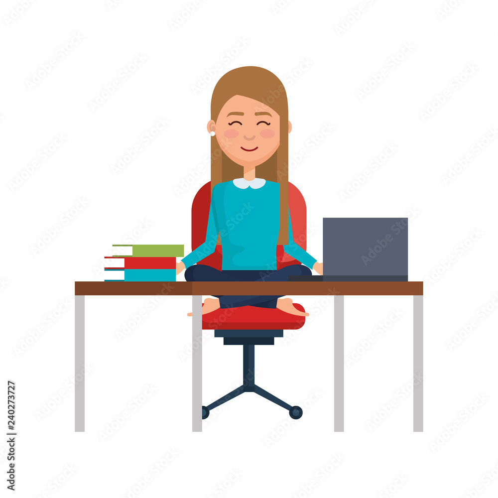 elegant businesswoman with lotus pose in office elegant businesswoman with lotus pose in office