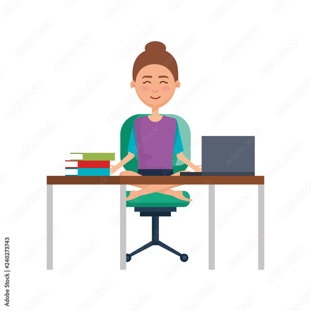 elegant businesswoman with lotus pose in office elegant businesswoman with lotus pose in office