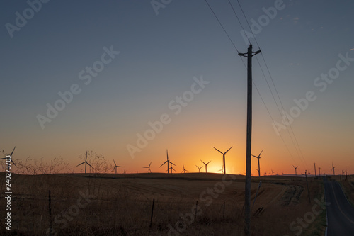 wind turbines turning in the hot, summer wind at sunset
