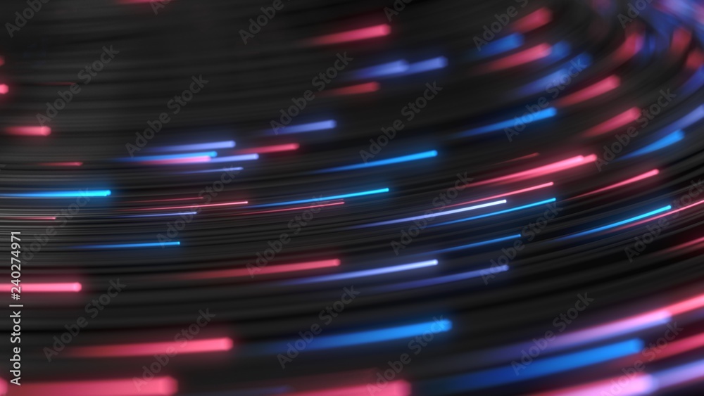 black strings with glowing red and blue heads in dark. 3d illustration - obrazy, fototapety, plakaty 