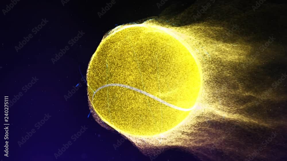 Tennis Ball Flying in Flames 4K Loop features a tennis ball flying through a space like atmosphere with yellow particle flames emanating from it as it revolves in a loop