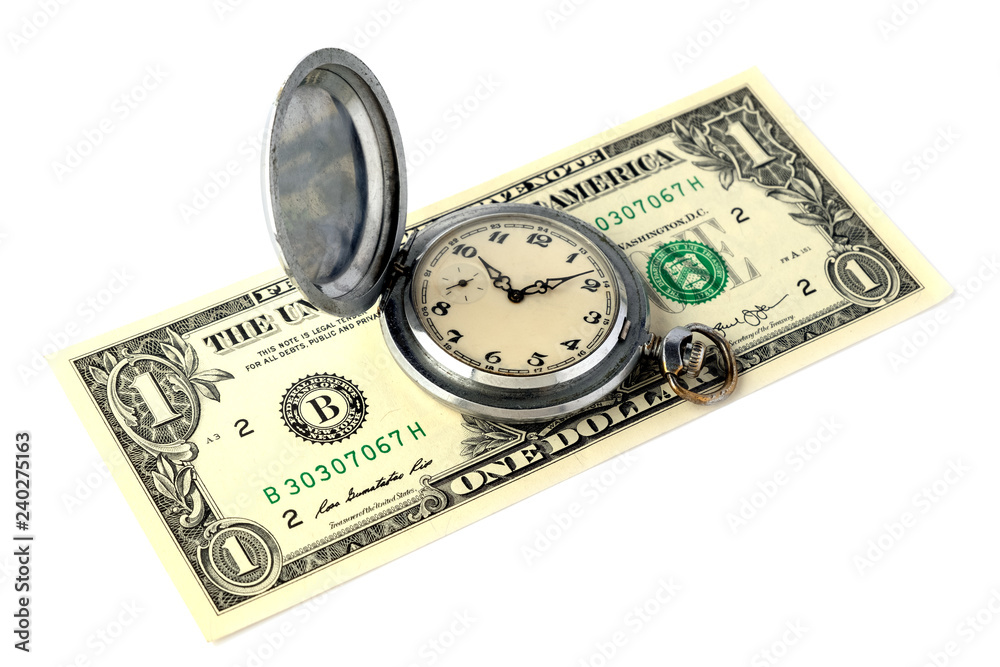 An old retro pocket watch with scratches lies on a one-dollar bill. The concept of time is money. Isolated. Object for design on the theme of time management or advertising watchshop. An old retro pocket watch with scratches lies on a one-dollar bill. The concept of time is money. Isolated. Object for design on the theme of time management or advertising watchshop.