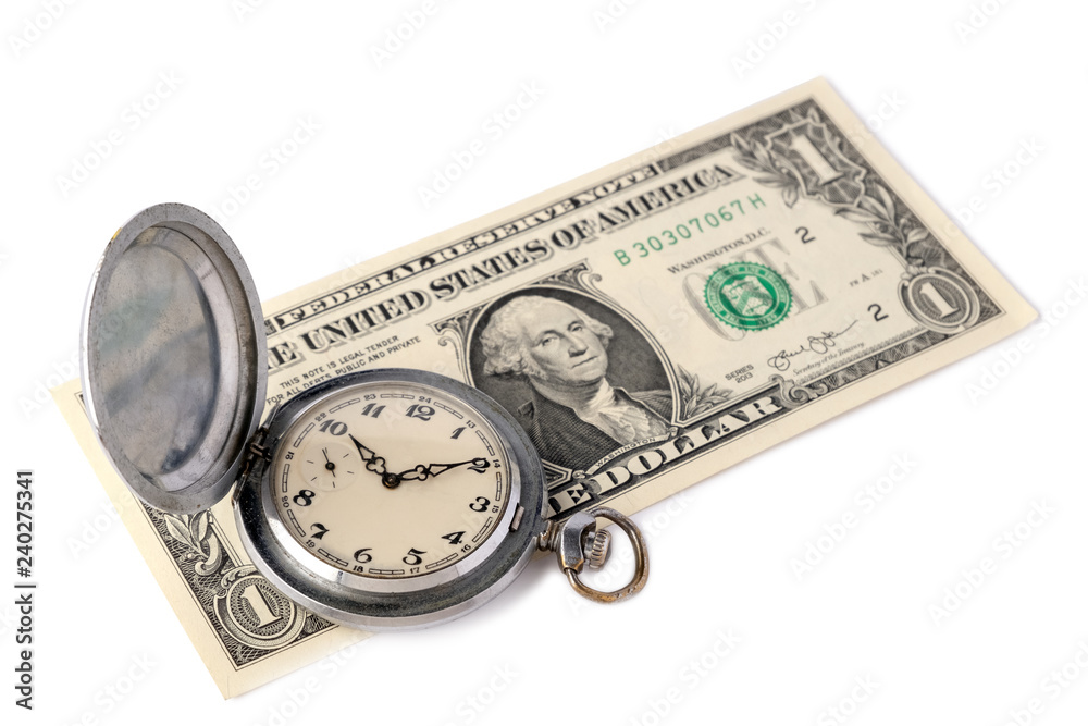 One-dollar bill of the United States which is retro pocket watch with scratches. The concept of time is money, time management or advertising watchmaking shop. Isolated on white background. Copyspace. One-dollar bill of the United States which is retro pocket watch with scratches. The concept of time is money, time management or advertising watchmaking shop. Isolated on white background. Copyspace.