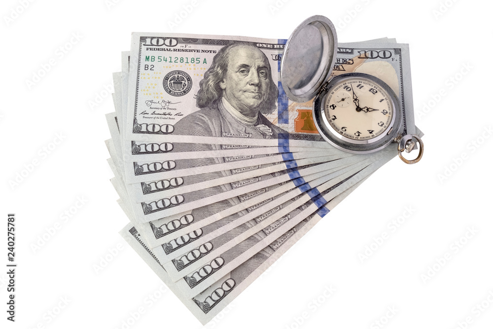 Retro pocket watches lie on a thousand US dollars. The concept on the time management or advertising watch workshop. Copy space. Isolated on white background. Retro pocket watches lie on a thousand US dollars. The concept on the time management or advertising watch workshop. Copy space. Isolated on white background.