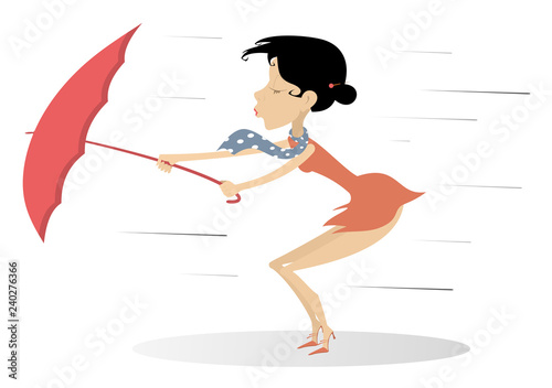 Strong wind, rain and woman with umbrella isolated illustration. Whirlwind, rain and woman with umbrella isolated on white illustration
