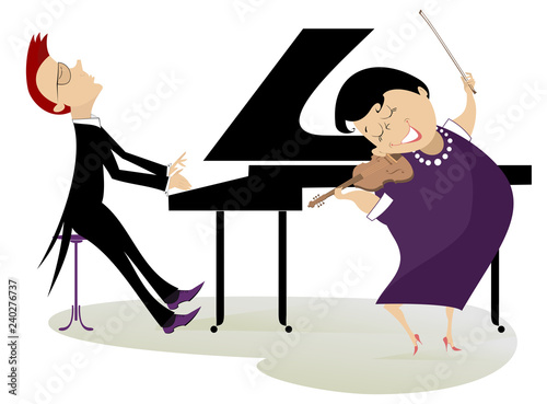 Couple musicians play music on violin and piano isolated illustration. Duet of violinist woman and pianist man isolated illustration
