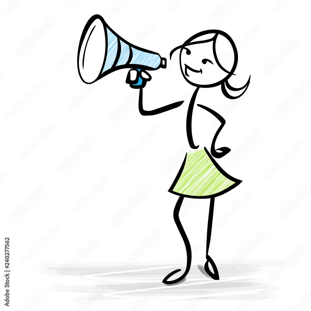 Woman holding a megaphone - Business news or sales concept - vector stick figure illustration Woman holding a megaphone - Business news or sales concept - vector stick figure illustration