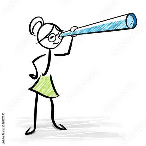 Woman looking through telescope - Business vision concept - vector stick figure illustration