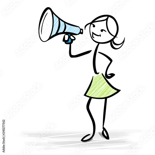Woman holding a megaphone - Business news or sales concept - vector stick figure illustration