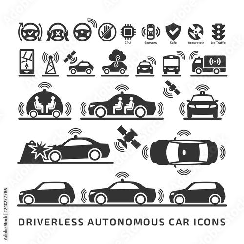 Driverless autonomous car icons set. Self-driving smart intelligent vehicle symbols.