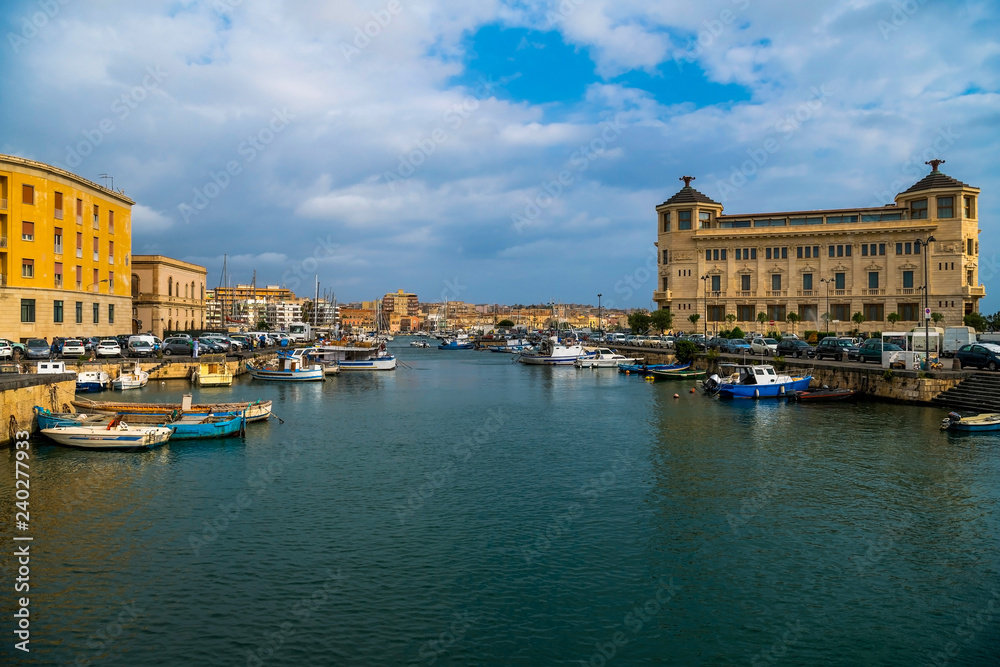 Port of Syracuse and overview the island Ortigia, Sicily