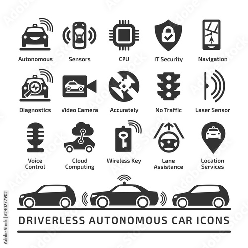 Intelligent driverless vehicle shape icons set. Self-driving autonomous smart car isolated sign.