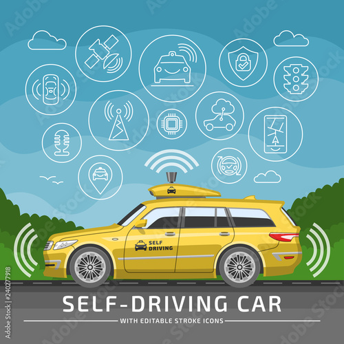 Intelligent driverless car mockup with outline editable stroke icons. Self-driving autonomous vehicle with background.