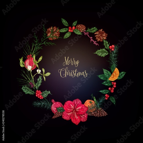 Winter christmas floral wreath vector illustration of hand drawn conifers, winter berries, pomegranate,tangerine and traditional holidays plants sketch in color.