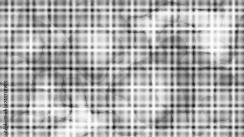 Abstract black dotted grunge halftone background with silhouettes of vibrant wavy shapes or blobs. Pop art modern dynamic half tone texture for wallpaper, banner or presentation design