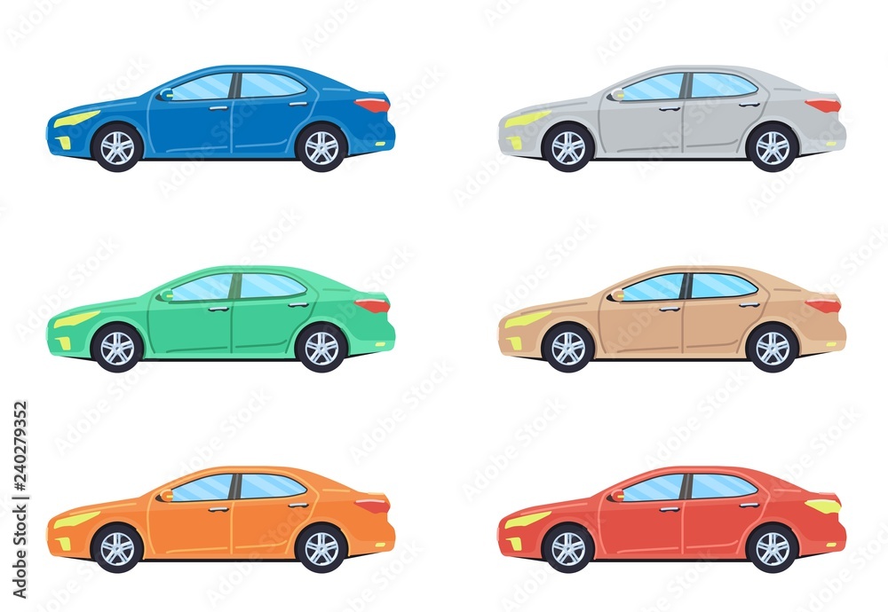 Sedan personal car. Side view cars in different colors. Flat style. Vector illustration.