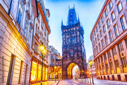 The Powder Tower in Prague, twilight view, no people