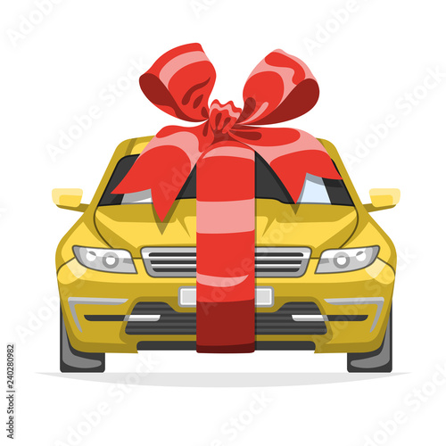 Mockup modern front car gift for present with red bow and ribbon.