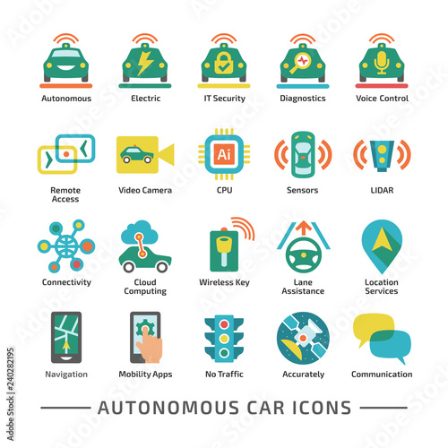 Autonomous car vector color icon set. Self driving smart vehicle symbol with electric car, IT secutity system, diagnostics, voice control, remote access, video camera, CPU, sensors, LIDAR.