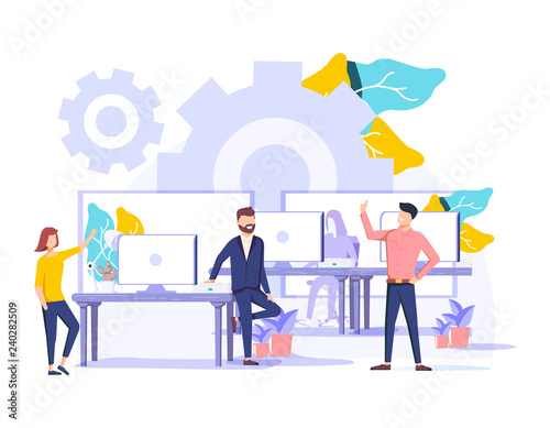 Coworking vector illustration. Stylized banner with people sharing office. Self directed, collaborative, flexible