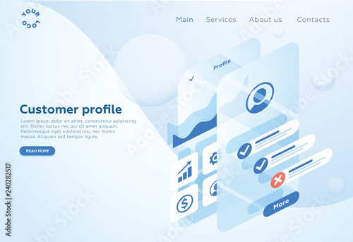 Build a customer profile in a mobile application. Data analysis and office situations. Isometric vector illustration.