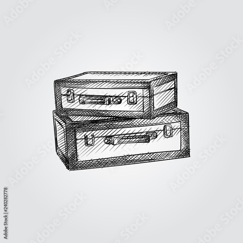 Hand Drawn Vintage suitcases Sketch Symbol isolated on white background. Vector of Hotel elements In Vintage Style. Engraving style pen pencil crosshatch.