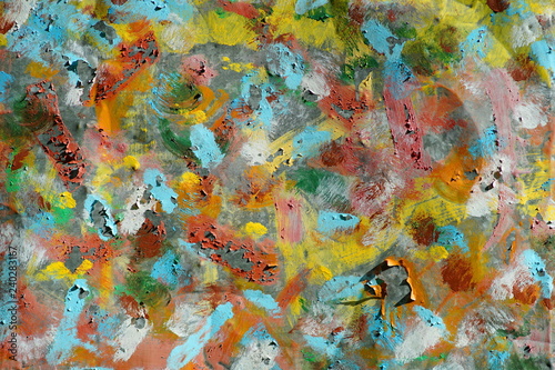 Chaotic drawing of oil paint on a galvanized sheet of metal with areas of peeling paint
