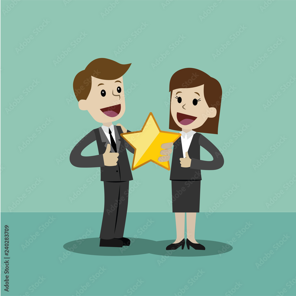 Businessman and businesswoman hold a big gold star. Victory, rating. Businessman and businesswoman hold a big gold star. Victory, rating.