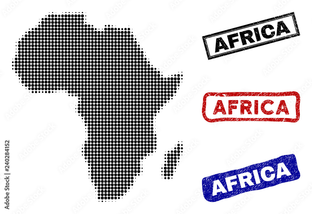 Halftone vector dot abstract Africa map and isolated black, red, blue scratched stamp seals. Africa map tag inside rough rectangle frames and with retro rubber texture.