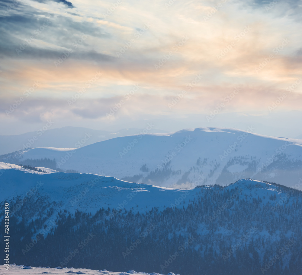 quiet mountain landscape, mountain silhouette in a blue mist