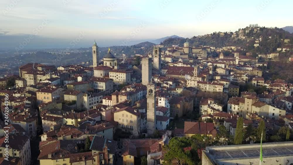 Bergamo, Italy. Drone aerial view of the old town. Landscape at the city center and its historical buildings Bergamo, Italy. Drone aerial view of the old town. Landscape at the city center and its historical buildings