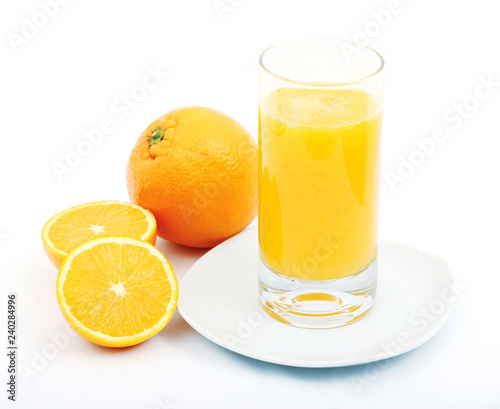 Fresh orange juice with fruits, isolated on white background