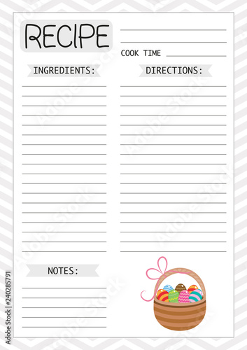 Recipe template, page for planner, cook book. Vector illustration with Easter basket with eggs.