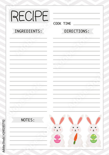 Recipe template, page for planner, cook book. Vector illustration with Easter bunnies.