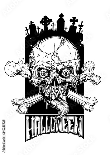 Detailed graphic realistic halloween black and white human skull with spooky tongue, pieces of dead skin and crossed bones. On cemetery background. Vector icon.