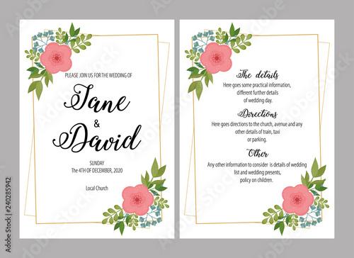 Wedding invitations set with flowers vector illustration. Design of cards, invitations, greetings for wedding.