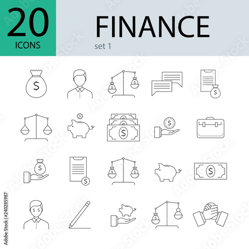 Finance line icons, 20 different icons. Concept of finance, money and banks. Vector illustration.