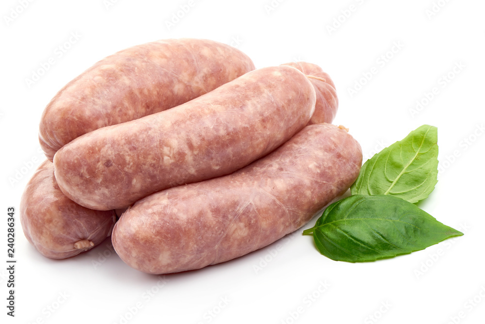 German Oktoberfest Sausages with basil leaf, close-up, isolated on white background German Oktoberfest Sausages with basil leaf, close-up, isolated on white background