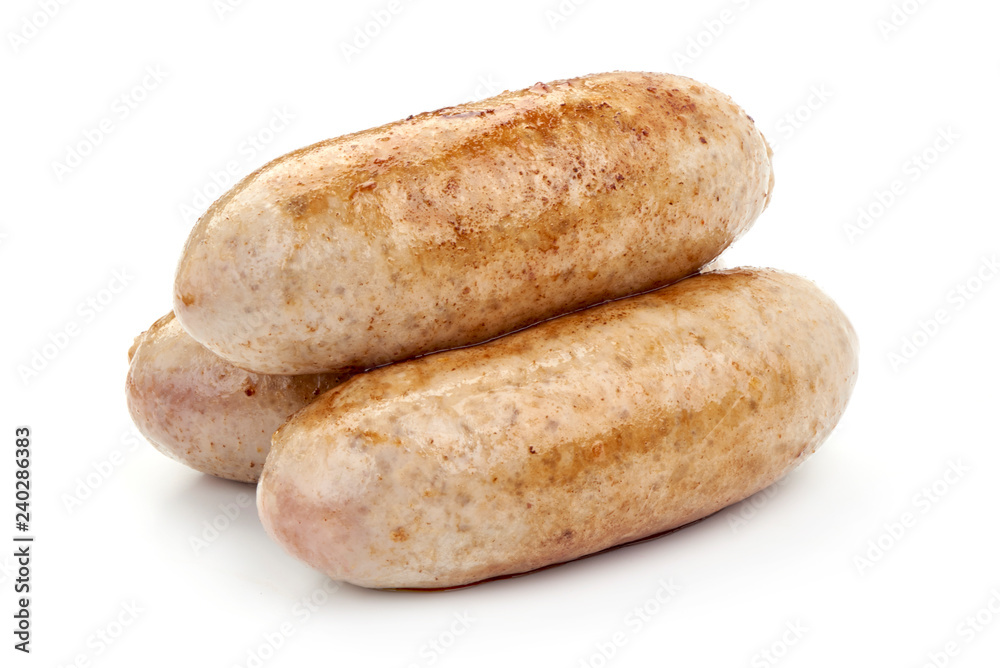 Grilled Pork Sausages, close-up, isolated on a white background Grilled Pork Sausages, close-up, isolated on a white background