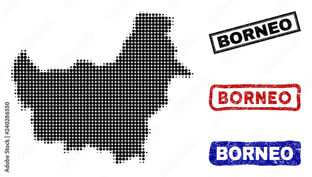 Halftone vector dot abstracted Borneo Island map and isolated black, red, blue rubber-style stamp seals. Borneo Island map caption inside draft rectangle frames and with distress rubber texture.