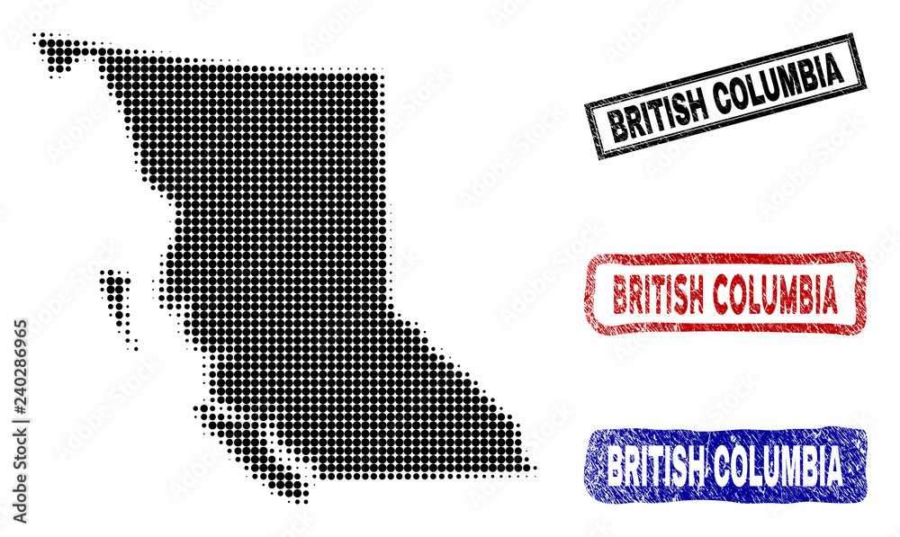 Halftone vector dot abstracted British Columbia Province map and isolated black, red, blue rubber-style stamp seals.